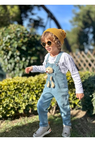 Jolly Kids Erkek Çocuk 2-10 Yaş Mavi Peluş Ayıcıklı Kot Salopet Mavi