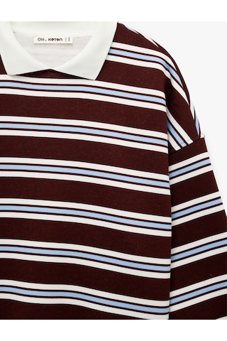 Koton Üç İplik Şardonlu Uzun Kollu Polo Yaka Çizgili Rugby Sweatshirt Bordo Çizgili 6wal10675ık Bordo Çizgili
