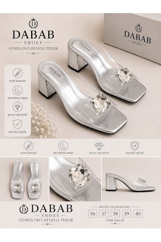 Dabab Shoes Andy Kadın Şeffaf Bantlı Taş Tokalı Kare Burunlu Gümüş 7 Cm Kalın Topuklu Terlik