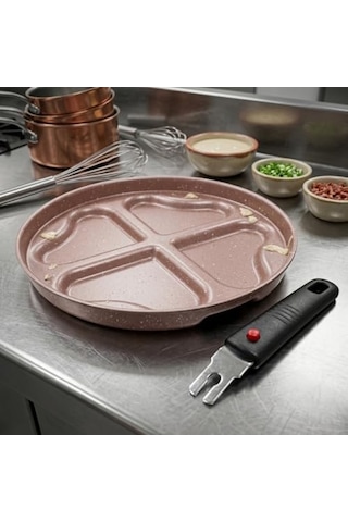 Redio Romantik 24 Cm Kalpli Pankek Ve Omlet Tavası - 4 Gözlü, Çıkarılabilir Saplı Yanmaz Yapışmaz Bölmeli Tava Pembe