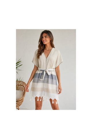 Dokubba - Kimono - Peştemal Kimono - Mikanos Kimono Ekru Mavi Çizgili Ekru Mavi Çizgili