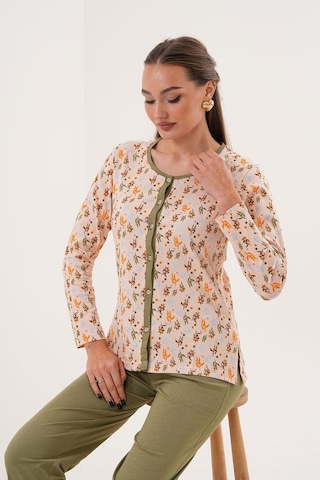 Çift Kaplan Kadın Pamuk Zeytin Dalı Desenli Önden Düğmeli Yeşil Pijama Takımı 7031 Yeşil
