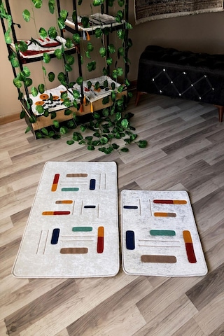 Dijital Baskı Kaymaz Taban Yıkanabilir 2'li Punch Banyo Paspas Takımı Pcp004 Renkli