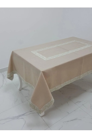 Gonca Jakar Bordürlü Keten Kumaş Bej Masa Örtüsü 160x230 Cm - 1132 Çok Renkli