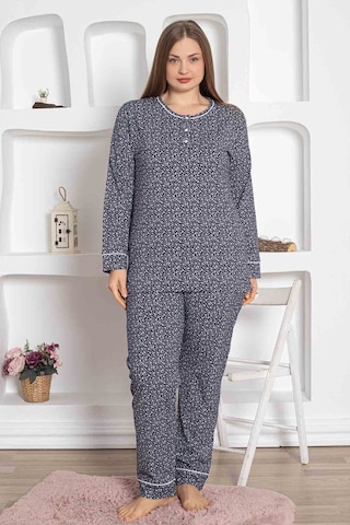 Kadın Bisiklet Yaka Büyük Beden Lacivert Çiçek Desen 3 Düğmeli Mevsimlik Uzun Kol Pijama Takımı Lacivert