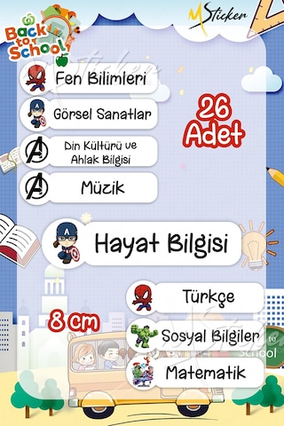 Okul Ders Etiketi Marvel Temalı 26 Adet 8 Cm Okul Ders Etiketi Diğer