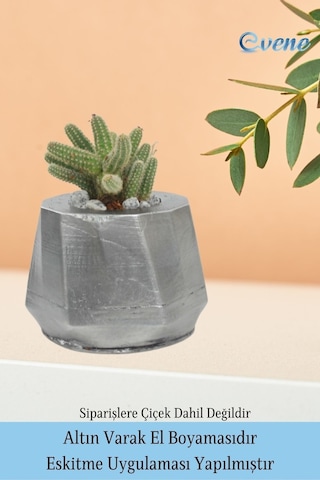 Saksı Çiçek Kaktüs Saksısı Lüx 15 Cm Varak Boyalı Kalın Çizgi Desen 3'lü Set Çiçeklik - Gümüş Eskitme