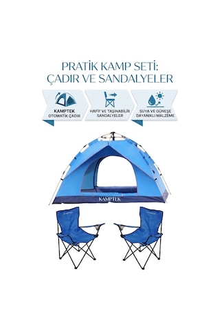 Kamptek 4 Kişilik Otomatik Kurulum Çift Katmanlı Kamp Doğa Deprem Plaj Çadırı 200 200 140cm Ve 2'li Kamp Sandalyesi Seti - Yeşil - Mavi Mavi