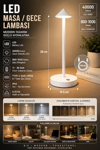 Şarjlı Usb'li Led'li Beyaz Gece Lambası 3 Farklı Işık Modlu Dokunmatik Dimmerli Dekoratif Metal Masa Lambası