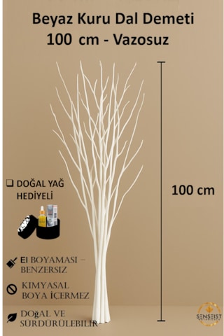 Gerçek Kurutulmuş Ağaç Dalı Demeti Beyaz El Boyaması 100 Cm