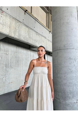 Dantelli Askılı Keten Elbise S4310 Bej