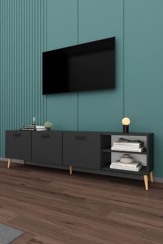 Asra Trend Tv Ünitesi T-21 %100 MDF 200 cm Büyük Boy Tv Sehpası Dolaplı Raflı Koyu Gri