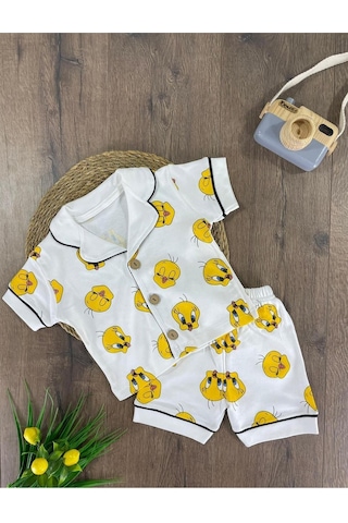 Kruvaze Yaka Önden Düğmeli Rahat Kalıp Yazlık Unisex Bebek Pijama Takımı %100 Pamuk 4bb2 Beyaz