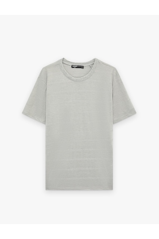Koton Regular Fit Kısa Kollu Viskon Karışımlı Dokulu Bisiklet Yaka Tişört Gri 6sam10398mk