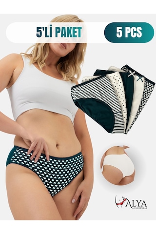 Alya Underwear Pamuklu Kadın Külot Slip Empirme Baskılı Yüksek Bel İç Çamaşırı - 5'li Paket - Lacivert Yeşil P22