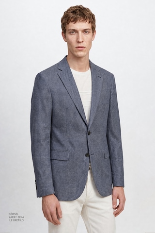 Altınyıldız Classıcs Erkek Mavı Yünlü Slim Fit Dar Kesim Mono Yaka Kapak Cepli Armürlü Blazer Ceket Mavi