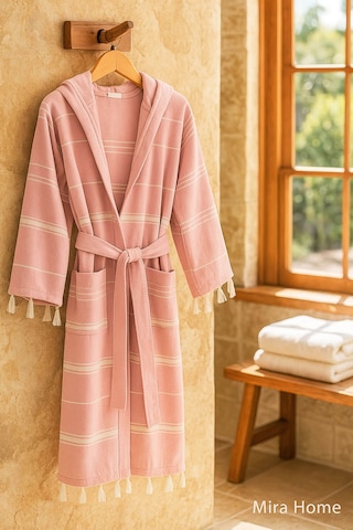 Kapüşonlu Kadın / Erkek Peştemal Bornoz Soft %100 Pamuklu Natural Pembe