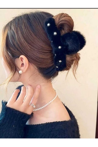 Büyük Boy İnci Peluş Mandal Toka 12 Cm Siyah