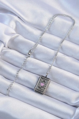 316l Çelik Zincir Eskitme Gümüş Renk Pembe Mineli Figürlü Tarot Kolye