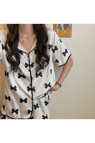 Sones Kadın Buz İpek Pijama İnce Kısa Kollu Şort İpek Takım Yay Çok Renkli