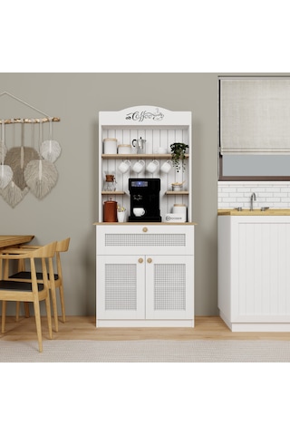Lucas 2 Kapaklı Çekmeceli Pvc Hasır Desen Kahve Köşesi & Çok Amaçlı Mutfak Dolabı-açık Ceviz & Beyaz Beyaz - Açık Ceviz
