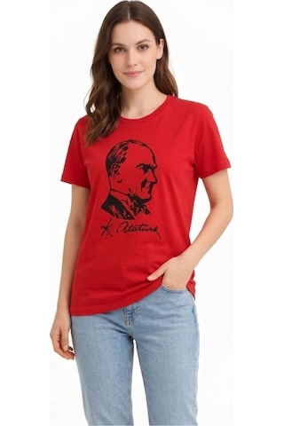 Wear Vexel Kadın Atatürk Baskılı Tişört Kısa Kollu Bisiklet Yaka T-shirt - Kırmızı Kırmızı