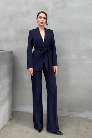 Msm Fashion Kadın İkili Kuşaklı Blazer Ceket Pantolon Takım Lacivert