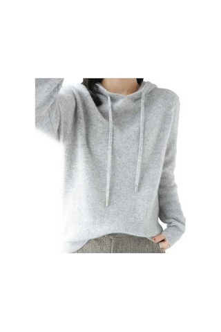 Novahub Kadın Hoodie Uzun Kollu Rahat Sıcak Düz Renk Örgü Kazak Kış Üstü Gri Renk Sonbahar Kış Giyim Gri