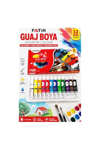 Guaj Boya 12 Renk 12 Ml 1 Paket Fatih Guaj Boya 12 Li Canlı Renkler Ahşap Tuval Taş Ağaç Resim Dersi Okul Öğrenci Çok Renkli