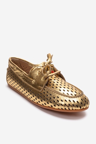 Luvishoes Stevo Altın Hakiki Deri Delikli Bağcıklı Kadın Loafer Ayakkabı