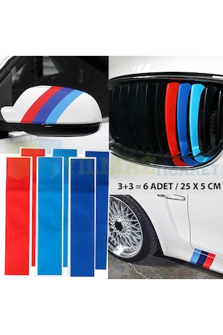 Bmw M Ayna Şerit Ön Izgara Marşpiyel Sticker Yapıştırma Logo 6 Ad 25 X 5 Cm (3+3 6 Adet)