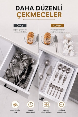Çekmece İçi Kaşıklık Organizer Bölmeli Mutfak Düzenleyici Beyaz S-11030
