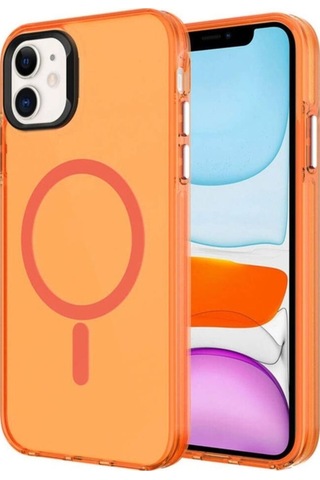 Apple Uyumlu iPhone 11 Kılıf Zore M-safe Şarj Özellikli Buzlu Transparan C-pro Sert Kapak Turuncu
