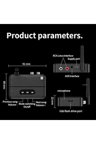 Nfc Bluetooth 5.4 Ses Alıcısı Aux & Rca Bağlantı, Type-c Güç, Usb Den Müzik Çalma, Araç & Ev Hoparlör/amfi İçin Kablosuz Ses Adaptörü, Hi-fi Stereo, 10m Çekim Mesafesi M60