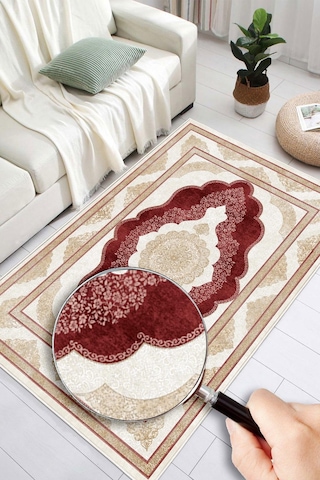 Klasik Desenli Dijital Baskılı Kaymaz Taban Yıkanabilir Salon Halısı Oturma Odası Halısı Bordo