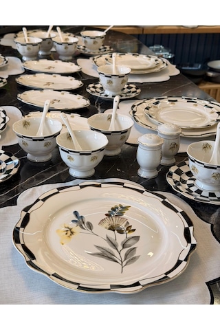 48 Parça Porselen Black Flower Kahvaltı Seti-5407 Siyah