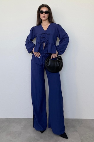 Madmext Lacivert Önü Bağlamalı Bluz Pantolon Takımı Mg2343 Lacivert