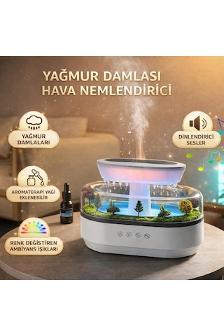 Yağmur Damlası Efektli Aroma Terapi Hava Nemlendirici Led Ambiyans Işıklı, Rahatlatıcı Doğa Sesli, Sessiz Çalışma