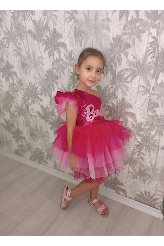 Pembe Barbie Elbise Tek Kollu Pembe