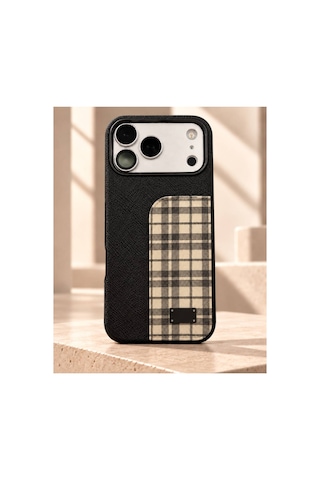 Royal Check İphone 17 Pro Max Ve 18 Pro Max Uyumlu Premium Deri Dokulu Ekose Desenli Lüks Telefon Kılıfı Metal Plaka Detaylı Royal Black Onyx - 936023552 Royal Black Onyx