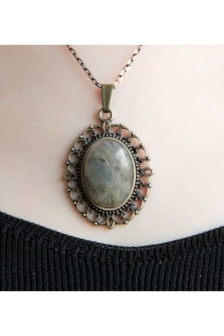 Doğal Taş Labradorit Doğal Taşlı Otantik Kadın Kolye 45 Cm Zincirli Euk13lbt Gri