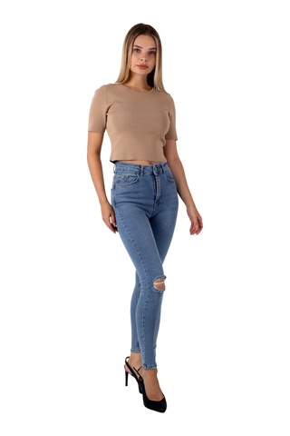 Alemdarshop Mavi Renk Dar Paça Diz Yırtık Yüksek Bel Jeans - Mavi