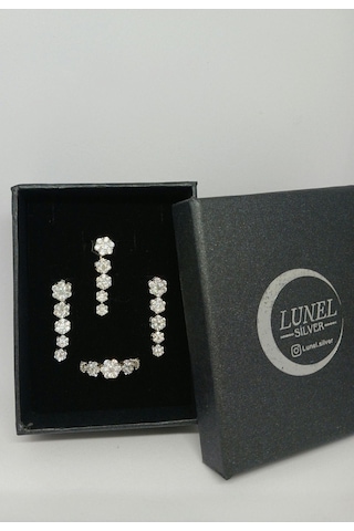 925 Ayar Gümüş Taşlı Çiçek Salkımı Takı Seti - Kolye Ucu, Küpe Ve Yüzük 11,74 Gr. Gümüş