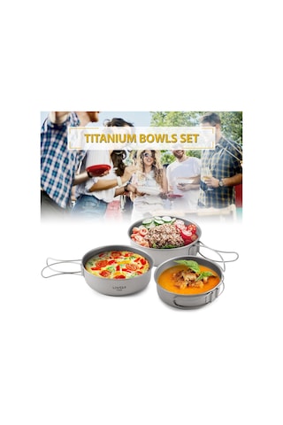 Açık Kamp Yürüyüş Pikniği İçin Katlanabilir Kulplu Ultralight Titanyum Yemek Kasesi Tavası 3pcs Gri