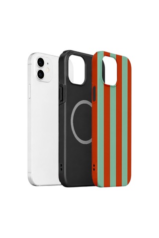 Apple iPhone Uyumlu 11 Vorian Çift Katmanlı Magsafe Kılıf Terracotta Mint Stripe