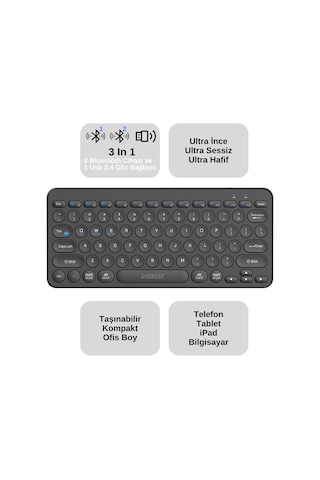 Everest KB-BT16 3 Cihaz Desteği 2.4G+BT1+BT2 Türkçe Q Klavye