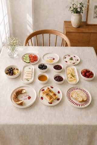 Vita Berry 14 Parça 6 Kişilik Stackable Seramik Kahvaltı Takımı - Çilek Desenli Lüx Kahvaltılık Sunum Seti Beyaz