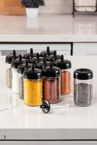 Vienev 12 Adet Kapağı Kendinden Kaşıklı Baharatlık Seti Uzun Şeffaf