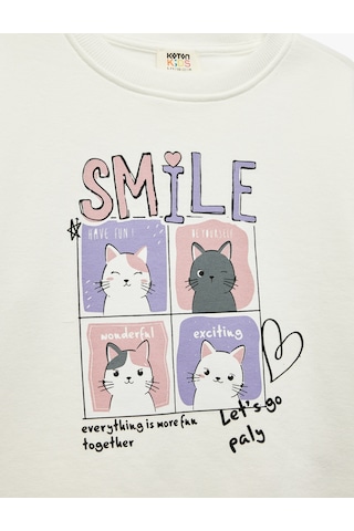 Koton Uzun Kollu Bisiklet Yaka Kedi Baskılı Şardonlu Sweatshirt Ekru 6wkg10574ak