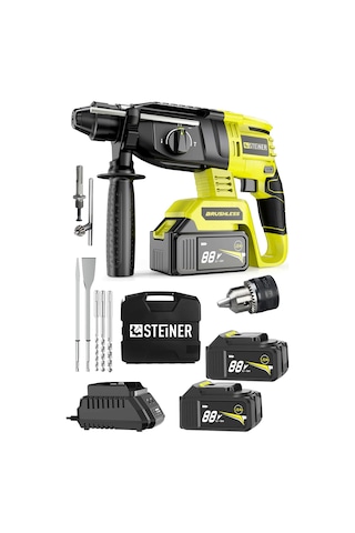 Steiner 88V 5Ah Çift Akülü Darbeli Kırıcı Delici Matkap Sarı + Mandren + 5 Parça Uç